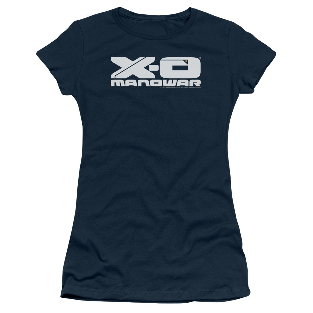 Xo Manowar Logo Junior Sheer Cap Sleeve Womens T Shirt Navy Blue