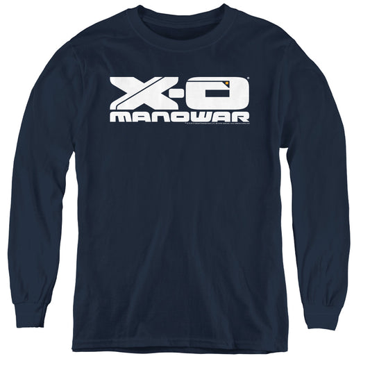 Xo Manowar Logo Long Sleeve Kids Youth T Shirt Navy Blue