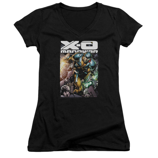 Xo Manowar Pit Junior Sheer Cap Sleeve V-Neck Womens T Shirt Black