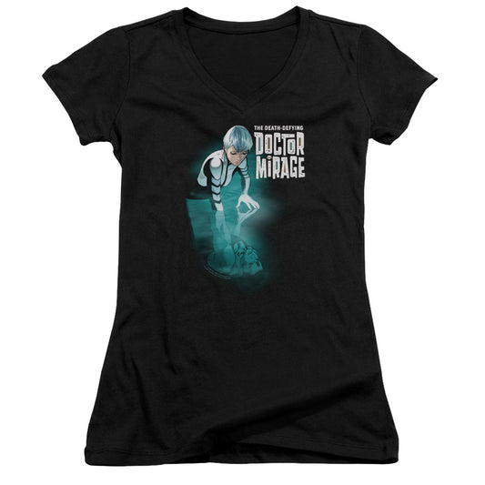 Doctor Mirage Crossing Over Junior Sheer Cap Sleeve V-Neck Womens T Shirt Black