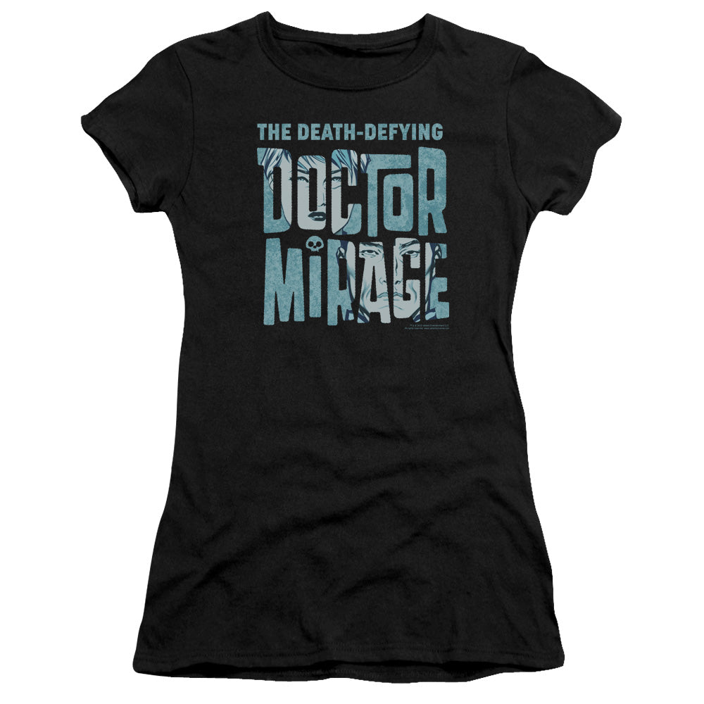 Doctor Mirage Character Logo Junior Sheer Cap Sleeve Womens T Shirt Black