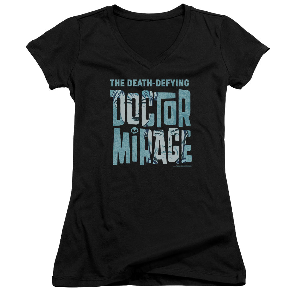 Doctor Mirage Character Logo Junior Sheer Cap Sleeve V-Neck Womens T Shirt Black