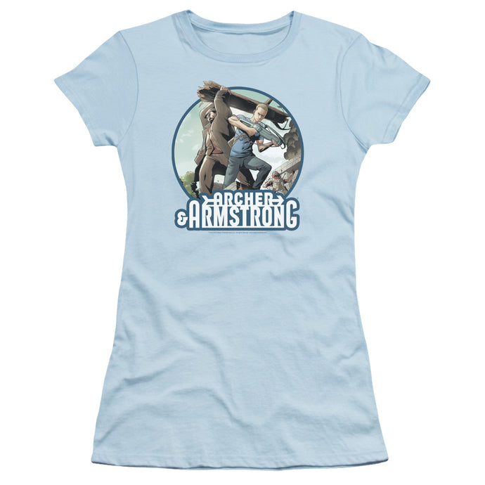 Archer & Armstrong Trunk And Crossbow Junior Sheer Cap Sleeve Womens T Shirt Light Blue