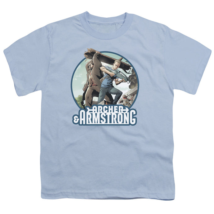 Archer & Armstrong Trunk And Crossbow Kids Youth T Shirt Light Blue