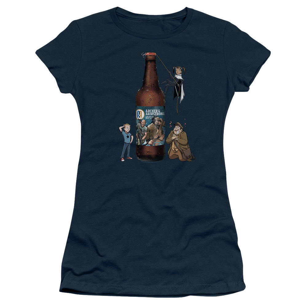 Archer & Armstrong Ale Junior Sheer Cap Sleeve Womens T Shirt Navy Blue