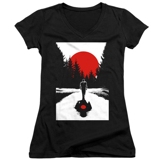 Bloodshot Woods Junior Sheer Cap Sleeve V-Neck Womens T Shirt Black