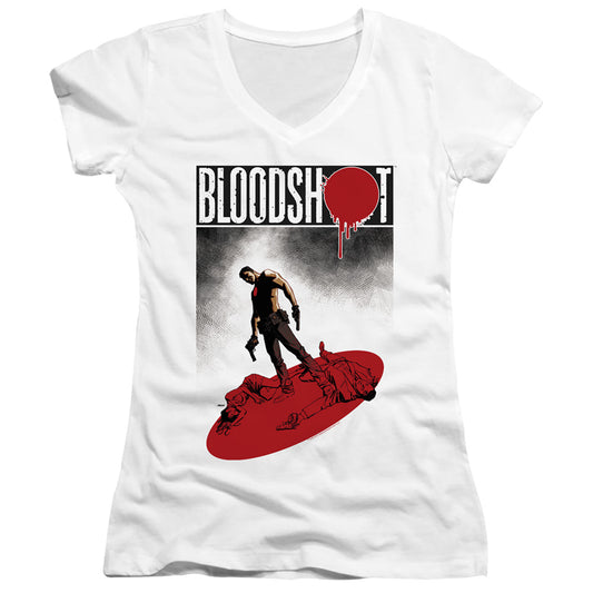 Bloodshot Gun Down Junior Sheer Cap Sleeve V-Neck Womens T Shirt White