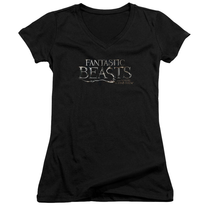 Fantastic Beasts Logo Junior Sheer Cap Sleeve V-Neck Womens T Shirt Black