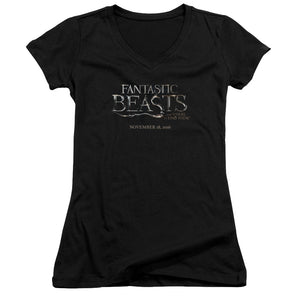 Fantastic Beasts Logo 2 Junior Sheer Cap Sleeve V-Neck Womens T Shirt Black