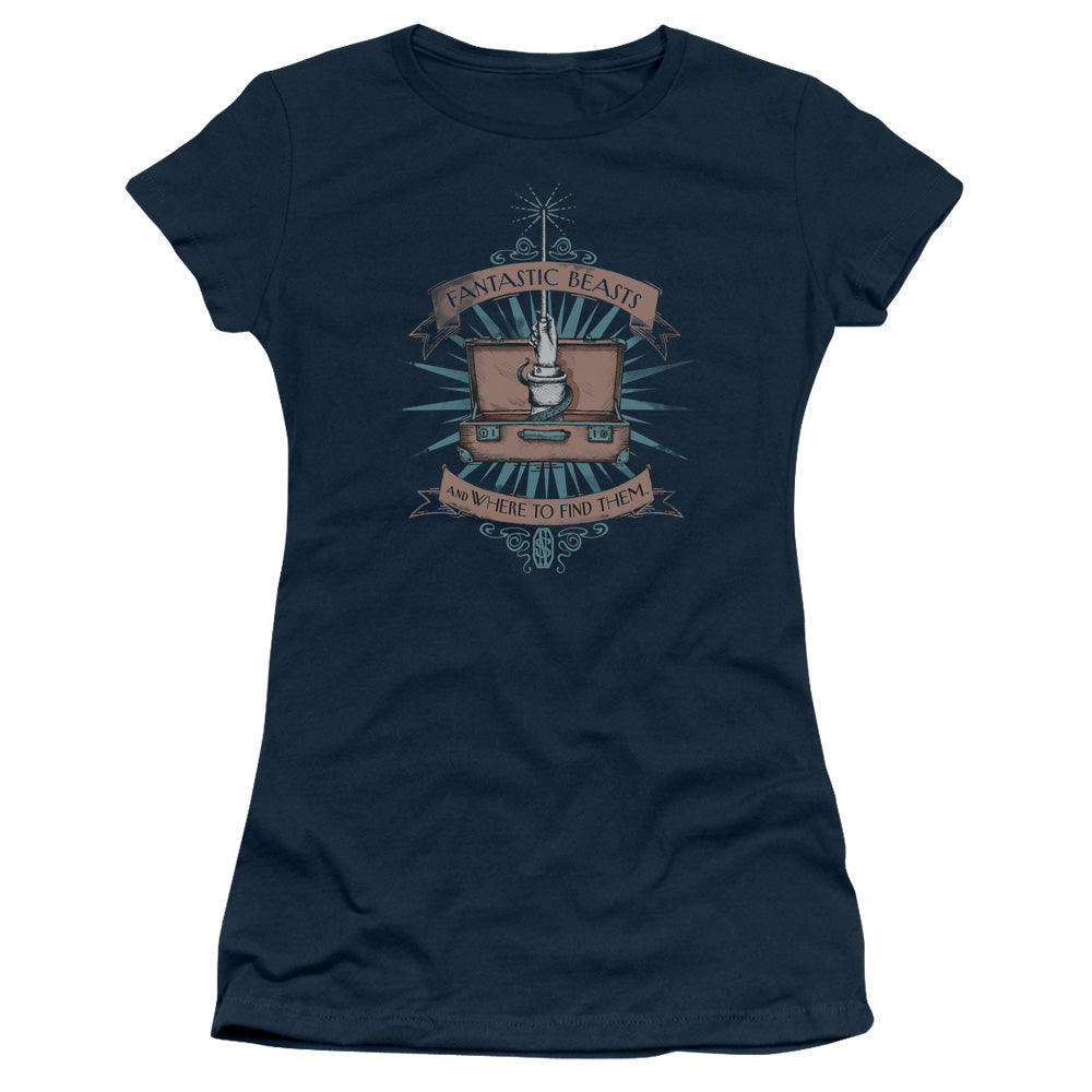 Fantastic Beasts Briefcase Junior Sheer Cap Sleeve Womens T Shirt Navy Blue