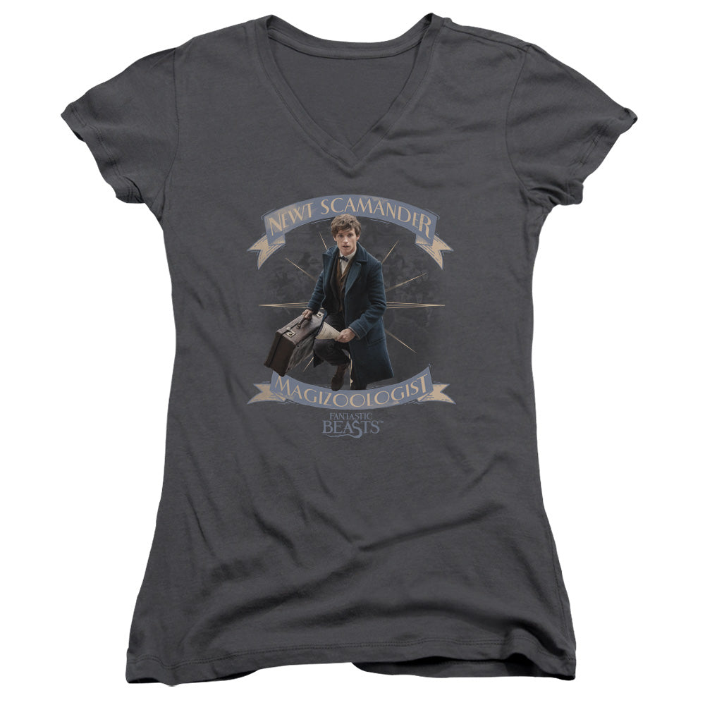 Fantastic Beasts Newt Scamander Junior Sheer Cap Sleeve V-Neck Womens T Shirt Charcoal