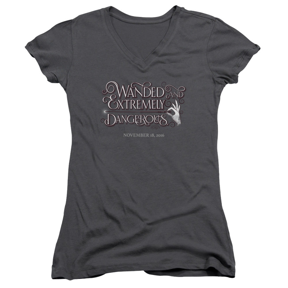 Fantastic Beasts Wanded Junior Sheer Cap Sleeve V-Neck Womens T Shirt Charcoal