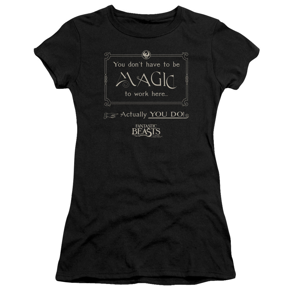 Fantastic Beasts Magic To Work Here Junior Sheer Cap Sleeve Womens T Shirt Black