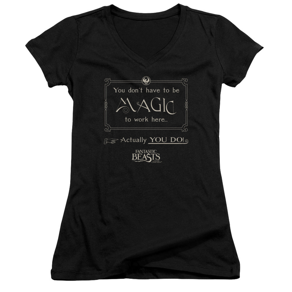 Fantastic Beasts Magic To Work Here Junior Sheer Cap Sleeve V-Neck Womens T Shirt Black