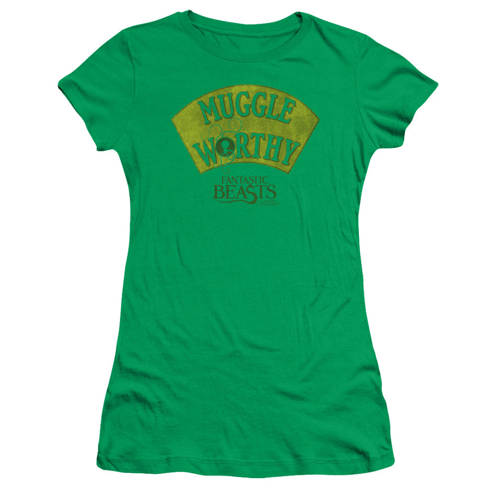 Fantastic Beasts Muggle Worthy Junior Sheer Cap Sleeve Womens T Shirt Kelly Green