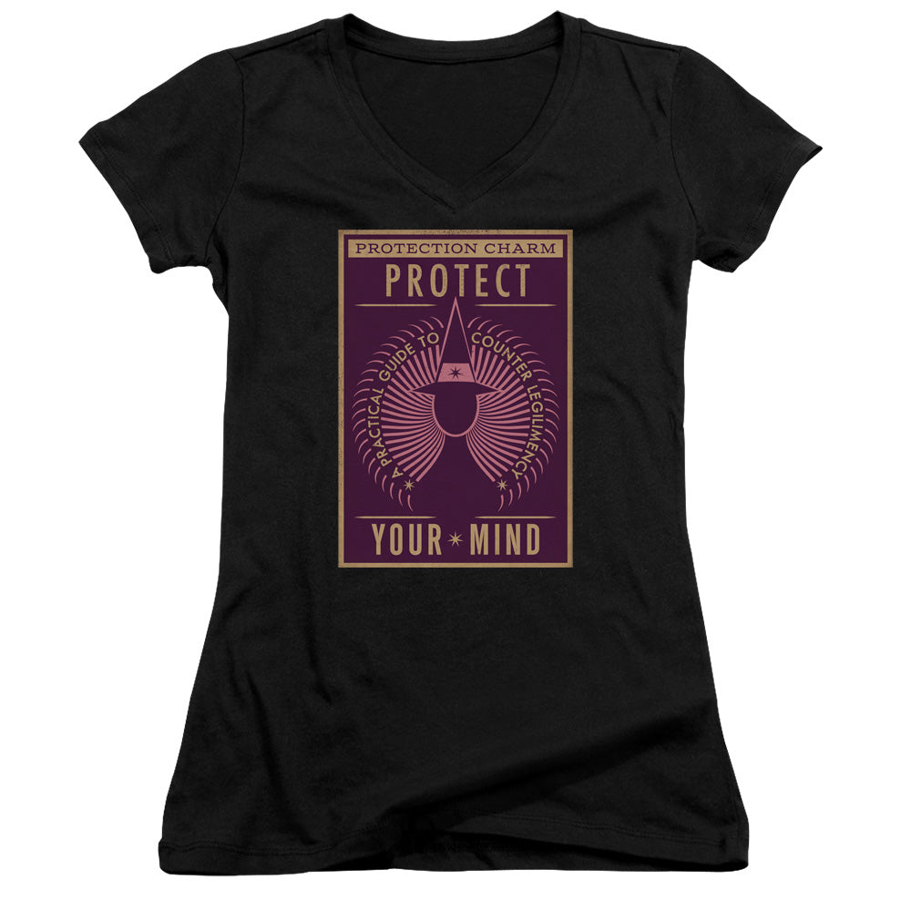 Fantastic Beasts Protect Your Mind Junior Sheer Cap Sleeve V-Neck Womens T Shirt Black