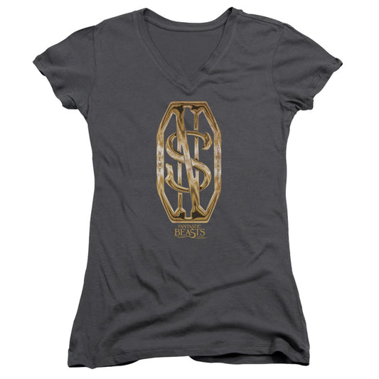 Fantastic Beasts Scamander Monogram Junior Sheer Cap Sleeve V-Neck Womens T Shirt Charcoal