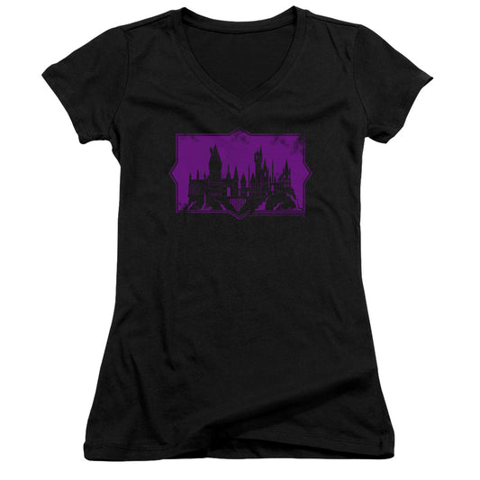 Fantastic Beasts 2 Hogwarts Silhouette Junior Sheer Cap Sleeve V-Neck Womens T Shirt Black