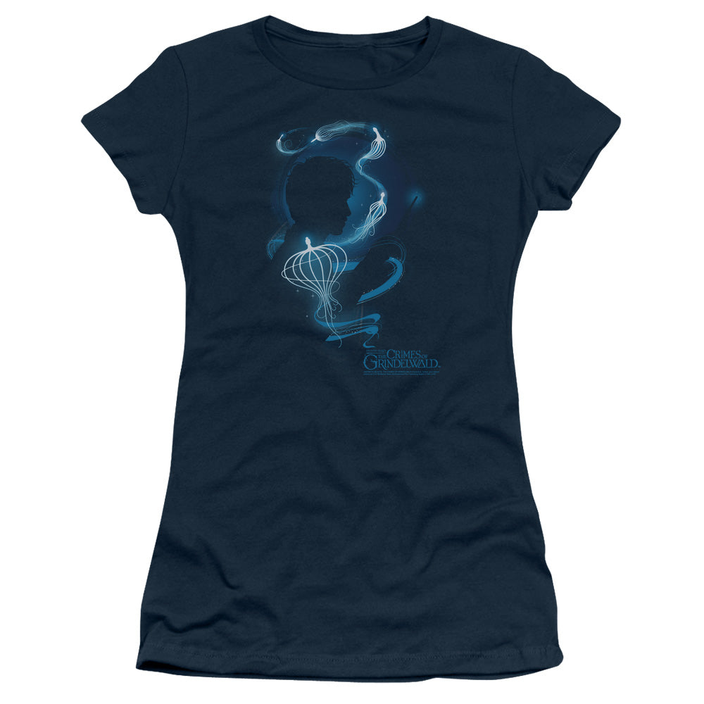 Fantastic Beasts 2 Newt Silhouette Junior Sheer Cap Sleeve Womens T Shirt Navy Blue