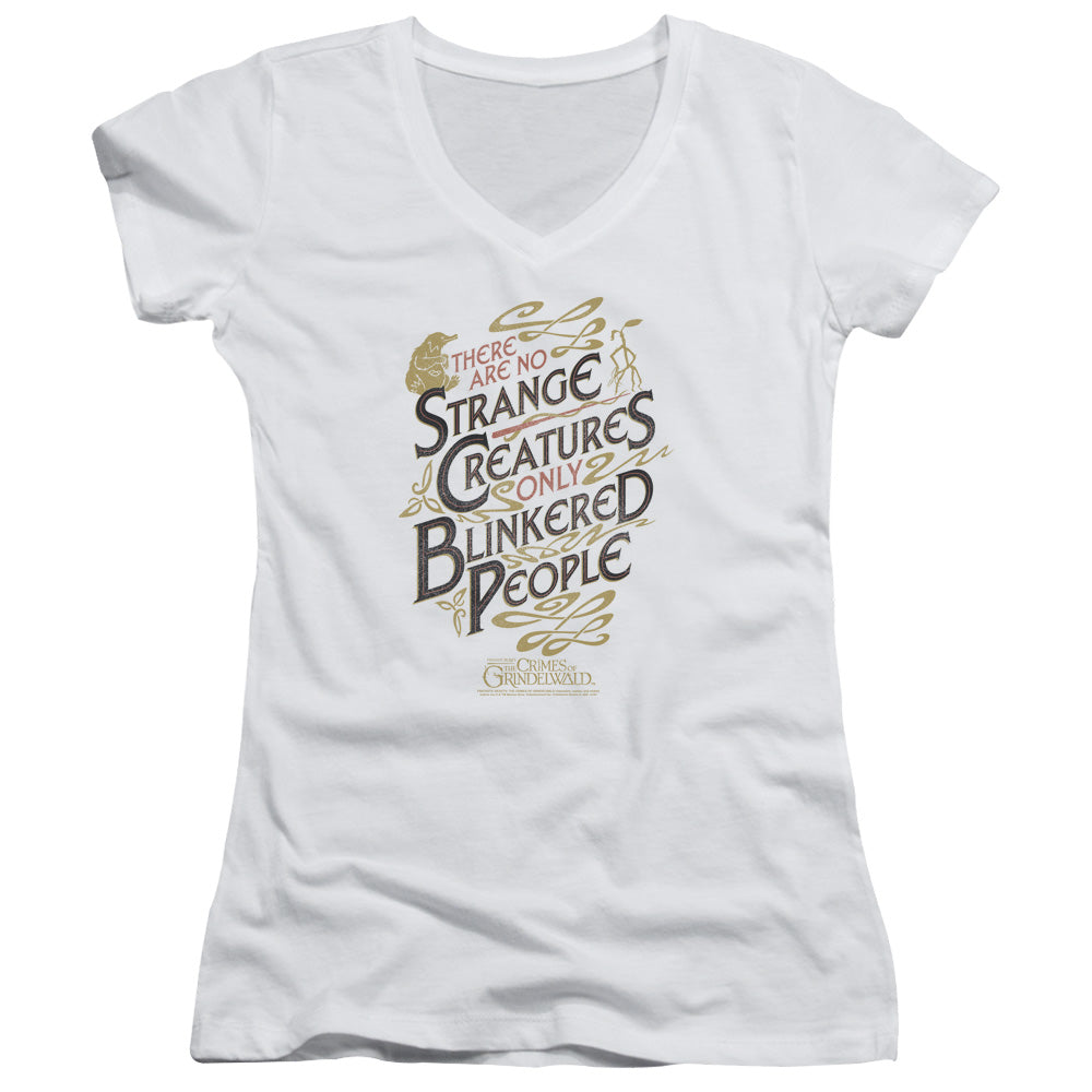 Fantastic Beasts 2 Blinkered People Junior Sheer Cap Sleeve V-Neck Womens T Shirt White