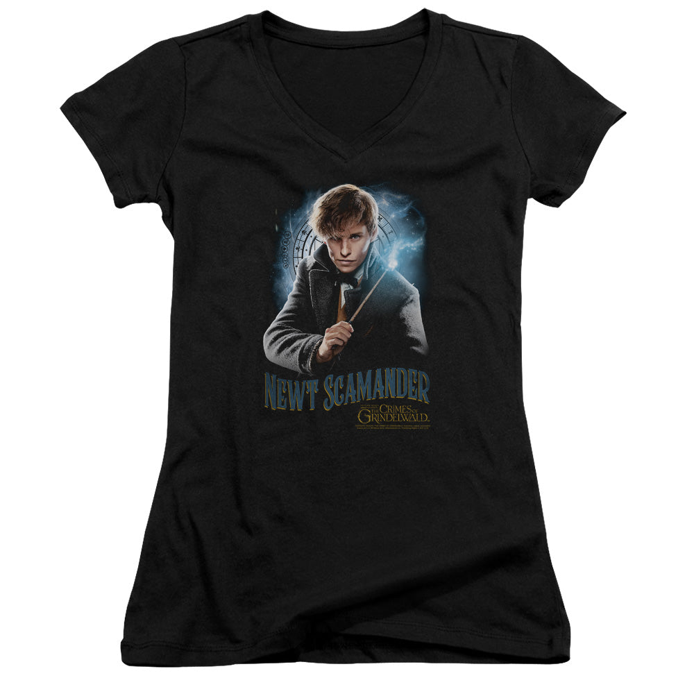 Fantastic Beasts 2 Scamander Monogram Junior Sheer Cap Sleeve V-Neck Womens T Shirt Black