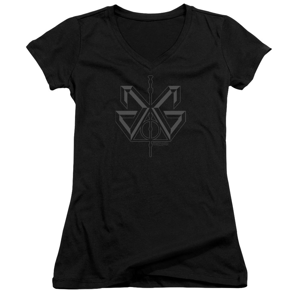 Fantastic Beasts 2 Grindelwald Sigil Junior Sheer Cap Sleeve V-Neck Womens T Shirt Black