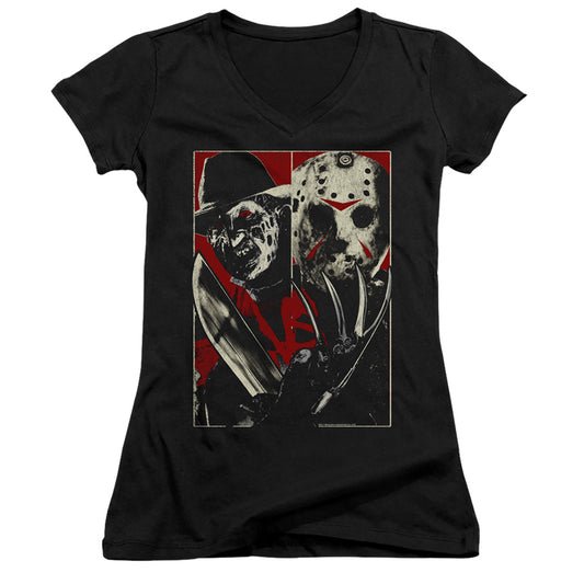 Freddy Vs Jason Vs Junior Sheer Cap Sleeve V-Neck Womens T Shirt Black