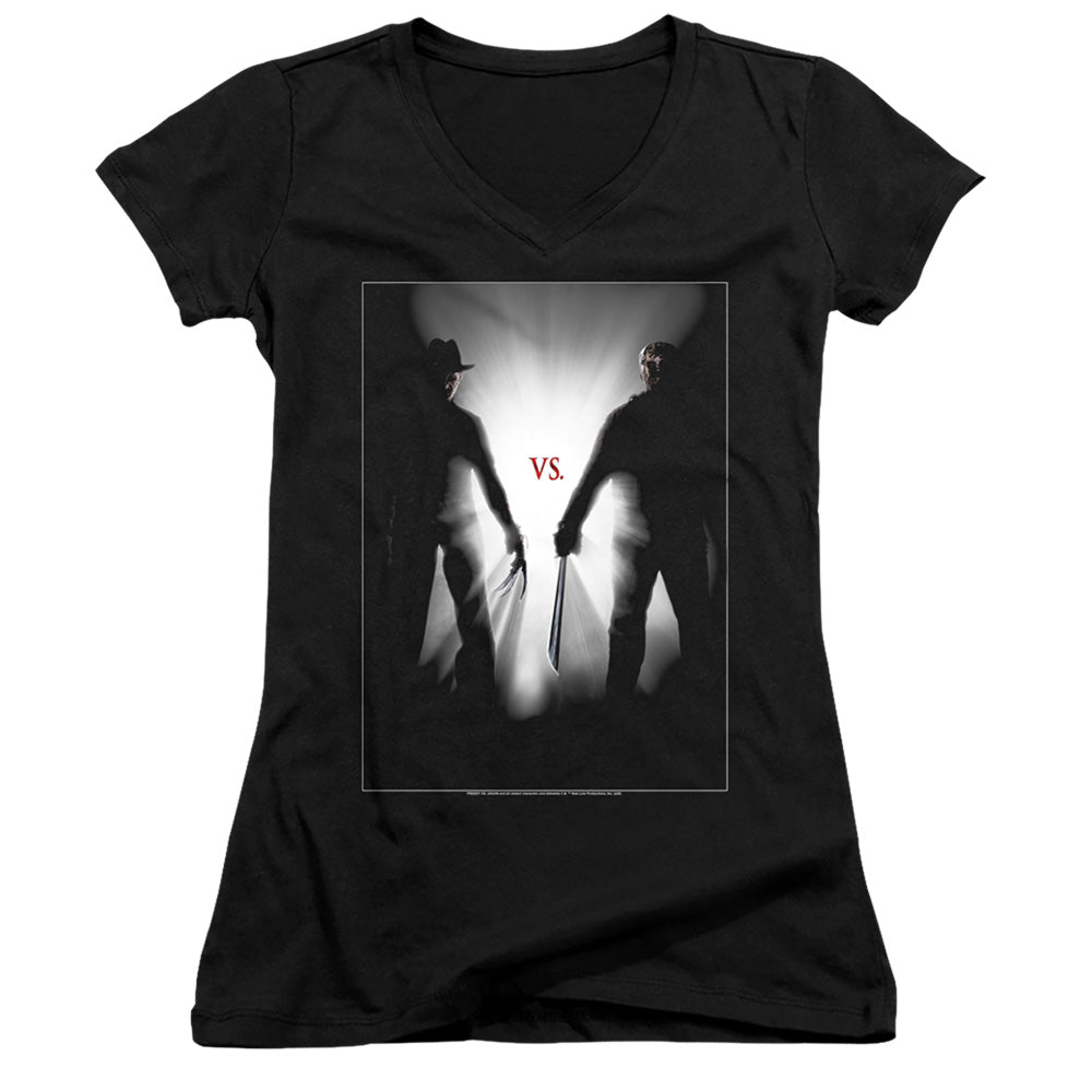 Freddy Vs Jason Silhouettes Junior Sheer Cap Sleeve V-Neck Womens T Shirt Black