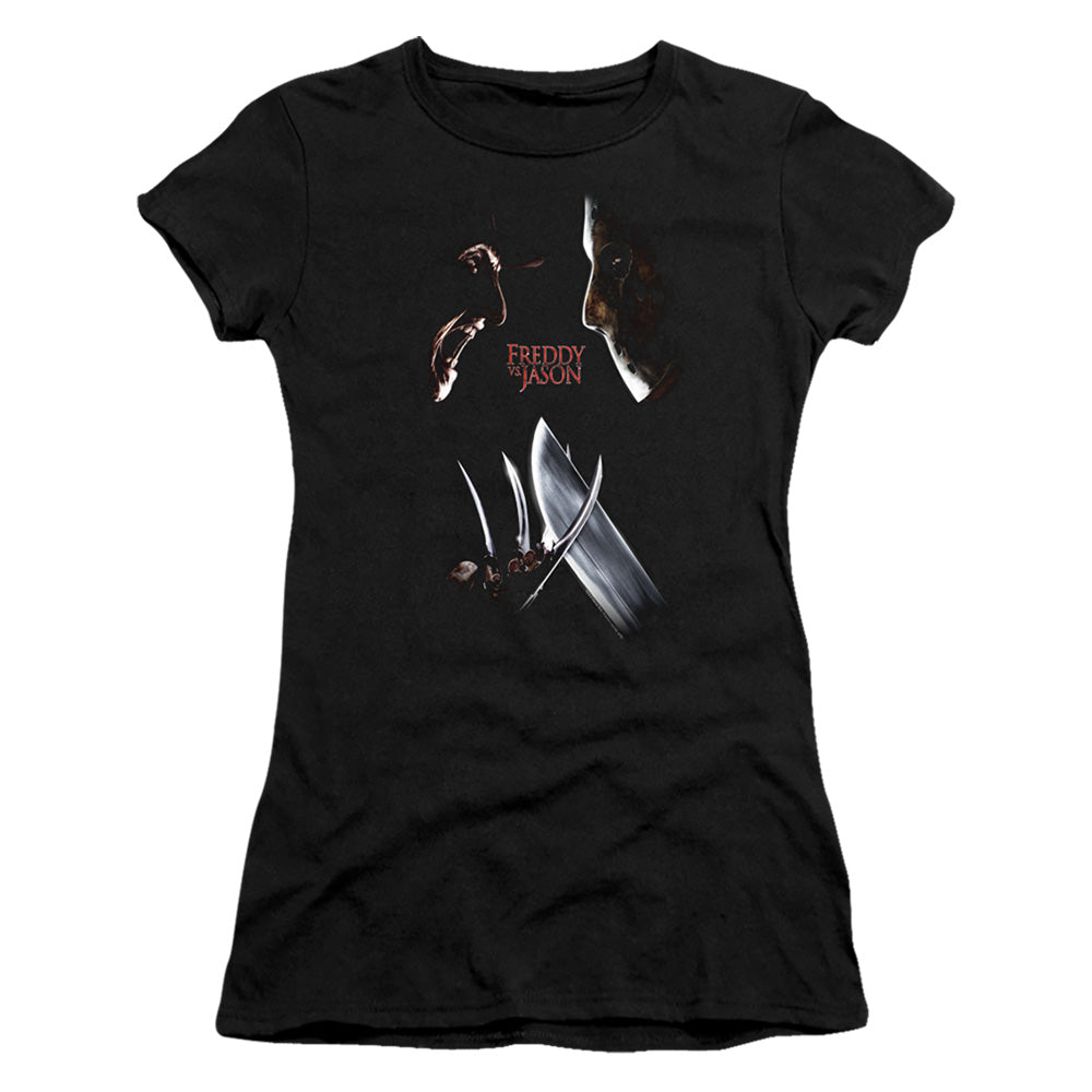 Freddy Vs Jason Face Off Junior Sheer Cap Sleeve Womens T Shirt Black