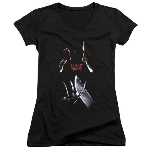 Freddy Vs Jason Face Off Junior Sheer Cap Sleeve V-Neck Womens T Shirt Black