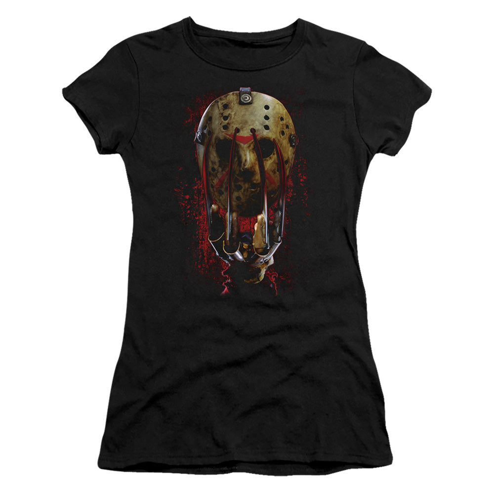 Freddy Vs Jason Mask And Claws Junior Sheer Cap Sleeve Womens T Shirt Black