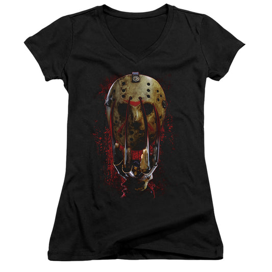 Freddy Vs Jason Mask And Claws Junior Sheer Cap Sleeve V-Neck Womens T Shirt Black