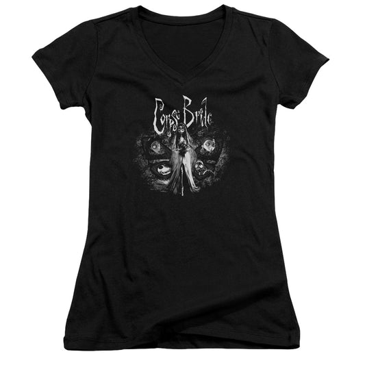 Corpse Bride Bride To Be Junior Sheer Cap Sleeve V-Neck Womens T Shirt Black