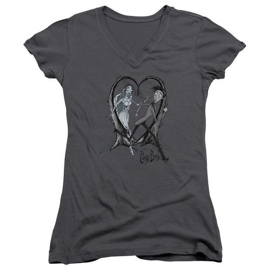 Corpse Bride Runaway Groom Junior Sheer Cap Sleeve V-Neck Womens T Shirt Charcoal