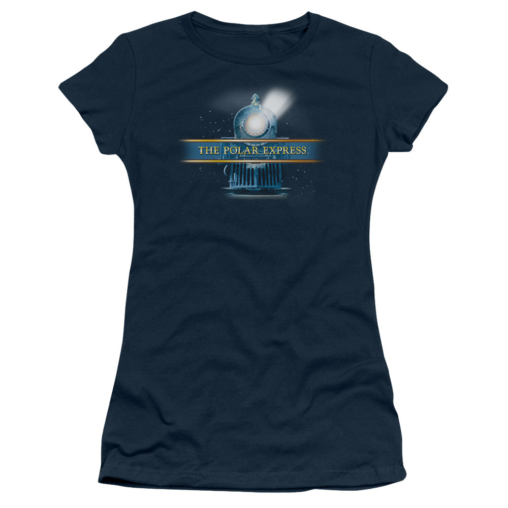 The Polar Express Train Logo Junior Sheer Cap Sleeve Womens T Shirt Navy Blue