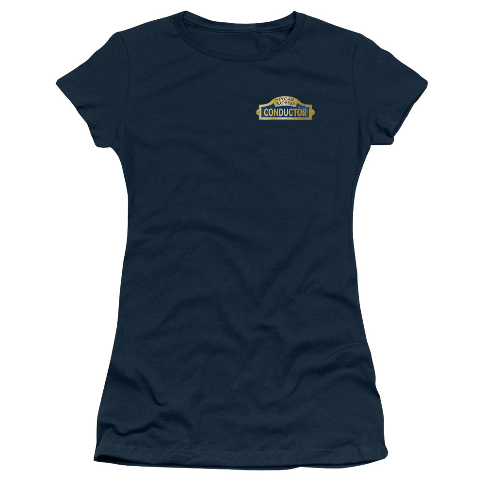 The Polar Express Conductor Junior Sheer Cap Sleeve Womens T Shirt Navy Blue