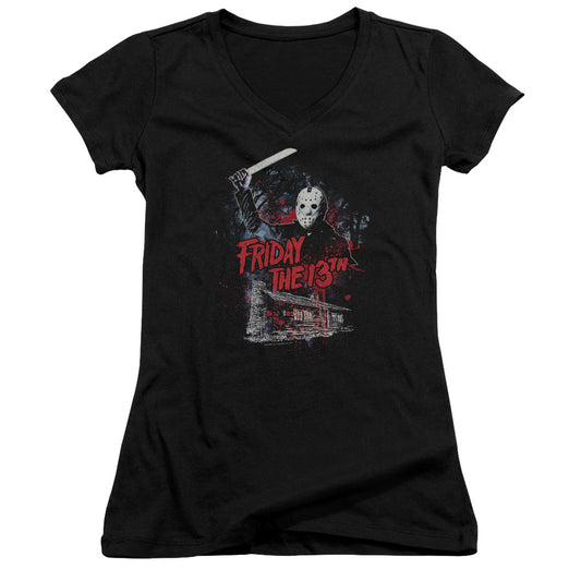 Friday The 13th Cabin Junior Sheer Cap Sleeve V-Neck Womens T Shirt Black