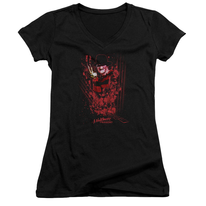 Nightmare On Elm Street One Two Freddys Coming For You Junior Sheer Cap Sleeve V-Neck Womens T Shirt Black
