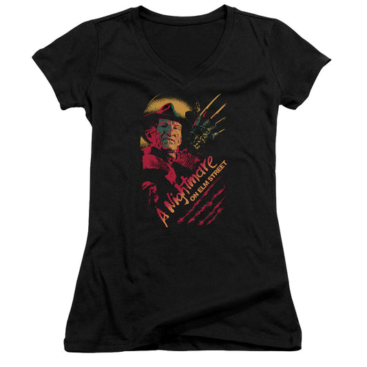 Nightmare On Elm Street Freddy Claws Junior Sheer Cap Sleeve V-Neck Womens T Shirt Black