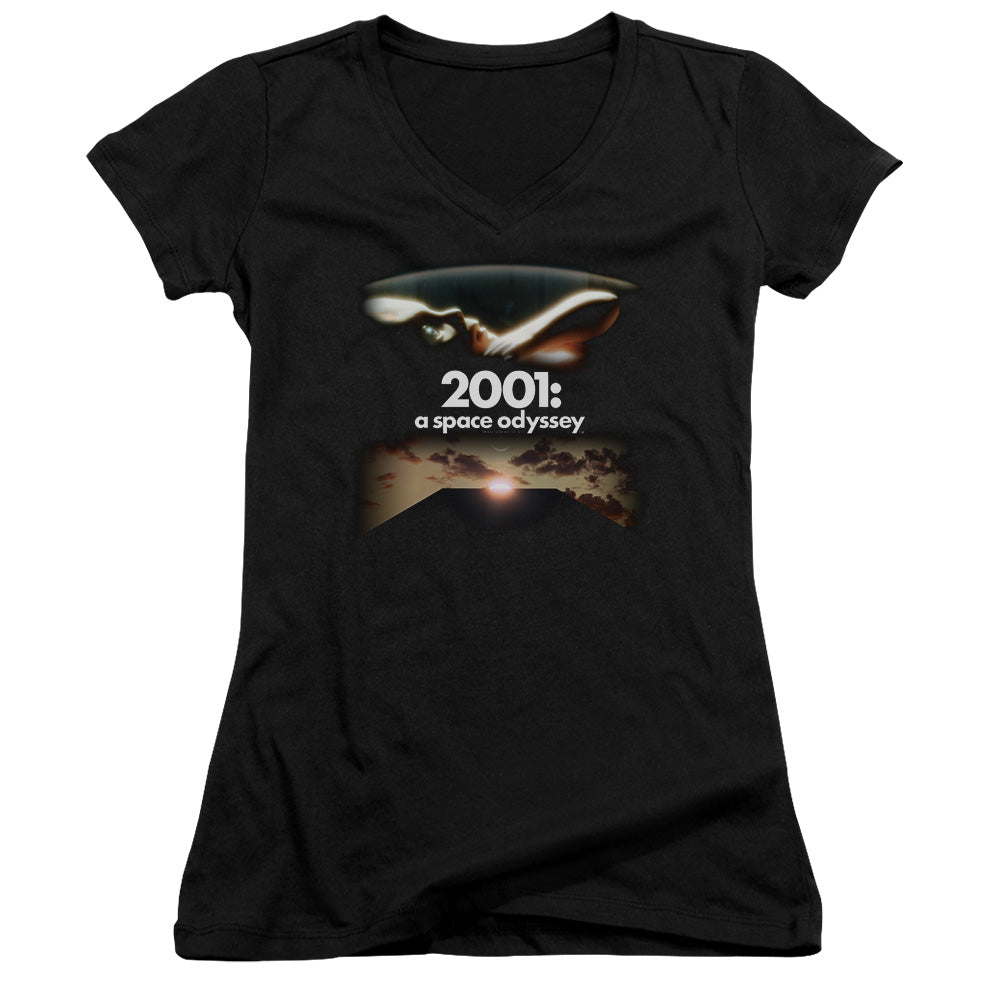 2001 A Space Odyssey Prologue Epilogue Junior Sheer Cap Sleeve V-Neck Womens T Shirt Black