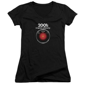 2001 A Space Odyssey Hal Junior Sheer Cap Sleeve V-Neck Womens T Shirt Black