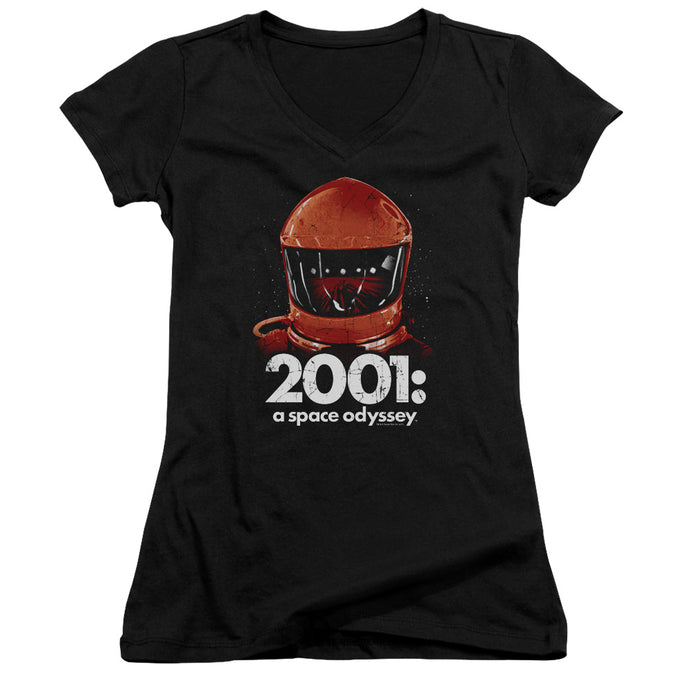 2001 A Space Odyssey Space Travel Junior Sheer Cap Sleeve V-Neck Womens T Shirt Black