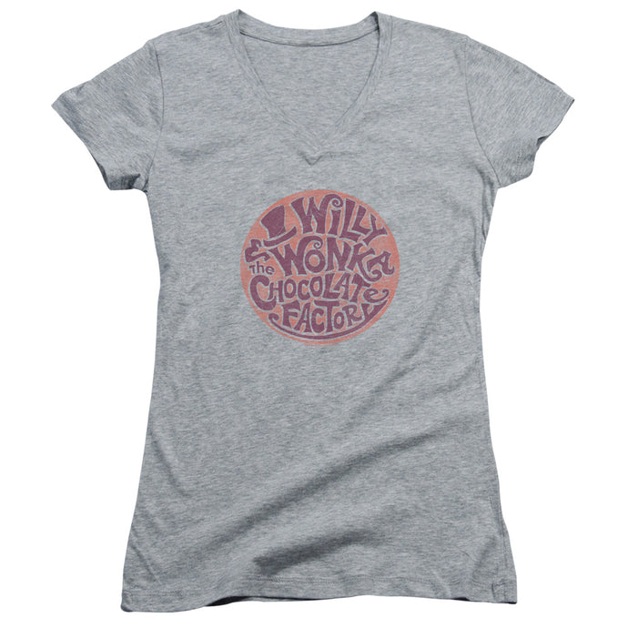Willy Wonka And The Chocolate Factory Circle Logo Junior Sheer Cap Sleeve V-Neck Womens T Shirt Athletic Heather