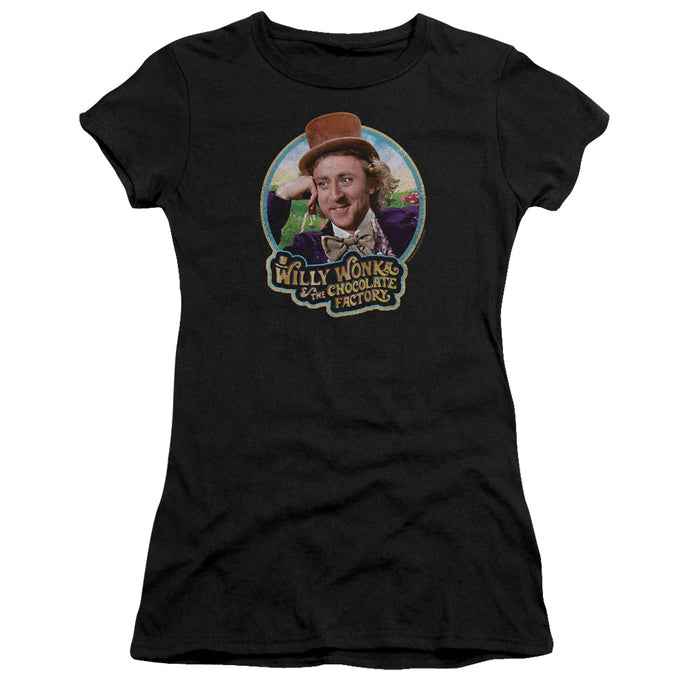 Willy Wonka And The Chocolate Factory Its Scruiddlyumptious Junior Sheer Cap Sleeve Womens T Shirt Black