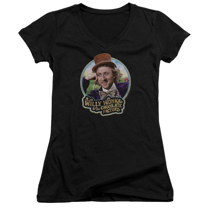 Willy Wonka And The Chocolate Factory Its Scruiddlyumptious Junior Sheer Cap Sleeve V-Neck Womens T Shirt Black