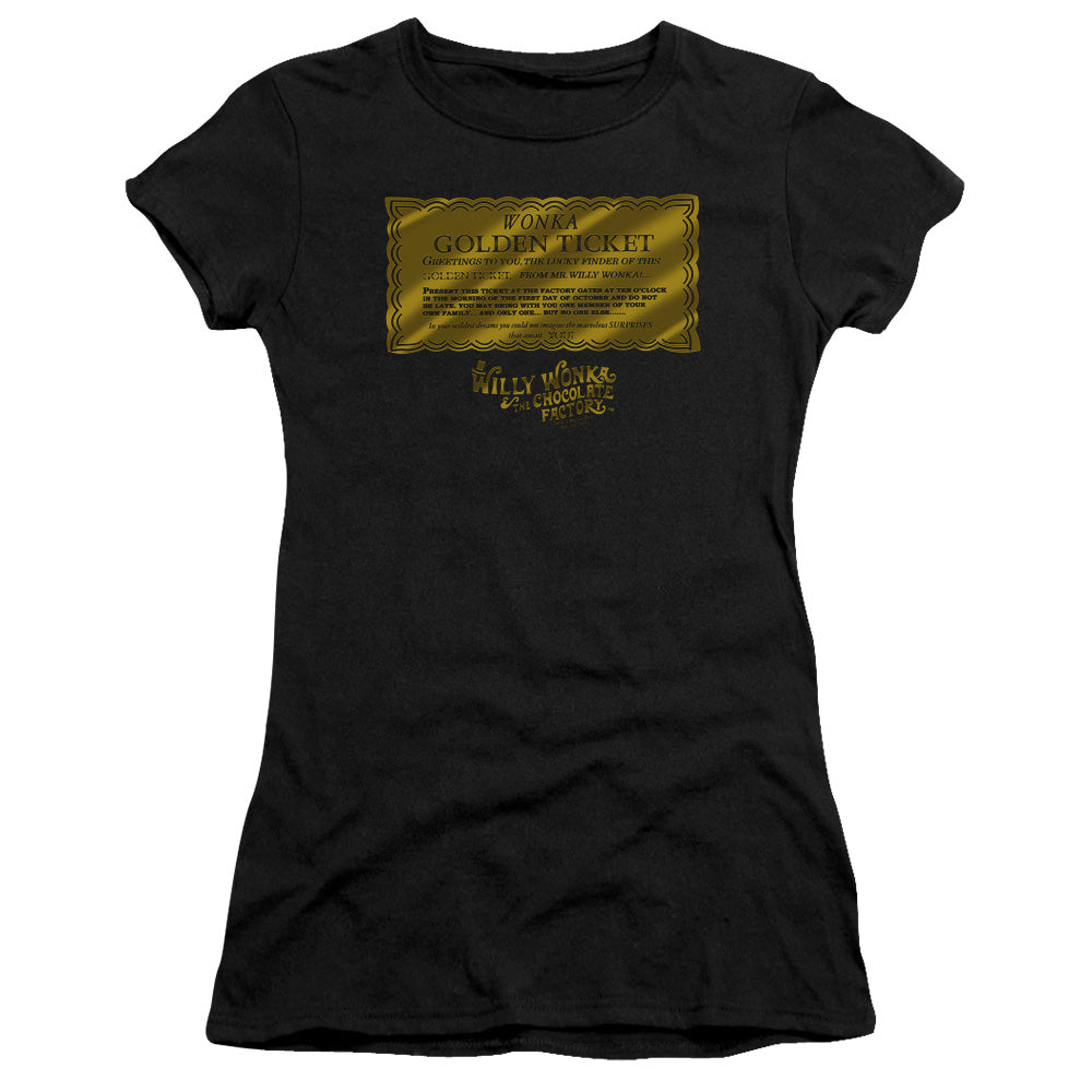 Willy Wonka And The Chocolate Factory Golden Ticket Junior Sheer Cap Sleeve Womens T Shirt Black