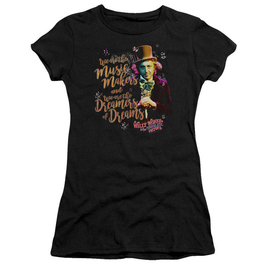 Willy Wonka And The Chocolate Factory Music Makers Junior Sheer Cap Sleeve Womens T Shirt Black