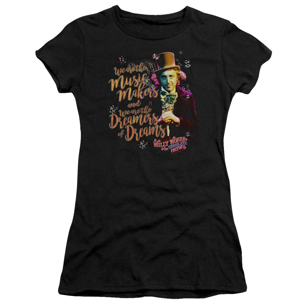 Willy Wonka And The Chocolate Factory Music Makers Junior Sheer Cap Sleeve Womens T Shirt Black