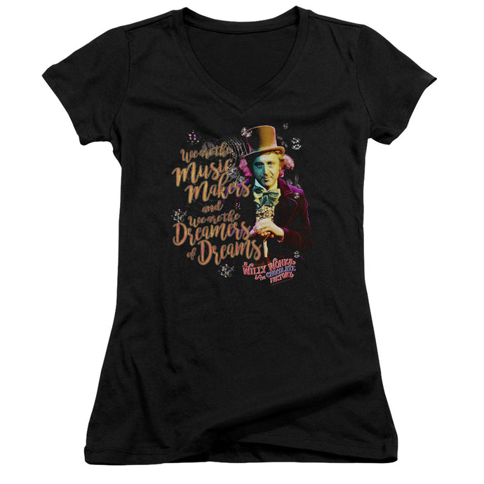 Willy Wonka And The Chocolate Factory Music Makers Junior Sheer Cap Sleeve V-Neck Womens T Shirt Black