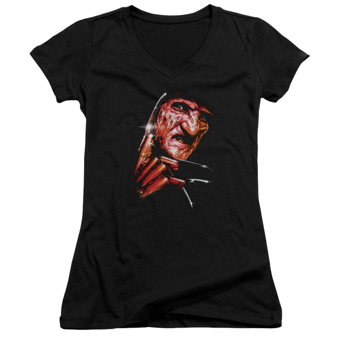 Nightmare On Elm Street Freddys Face Junior Sheer Cap Sleeve V-Neck Womens T Shirt Black
